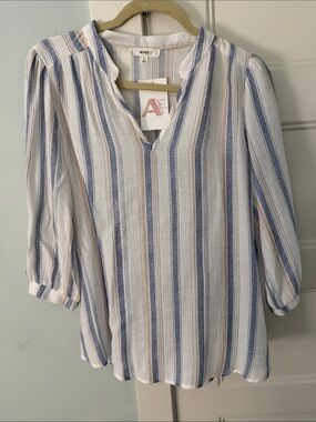 NWT Large Blue & Tan Striped V-Neck 3/4 Sleeve Blouse by MINE